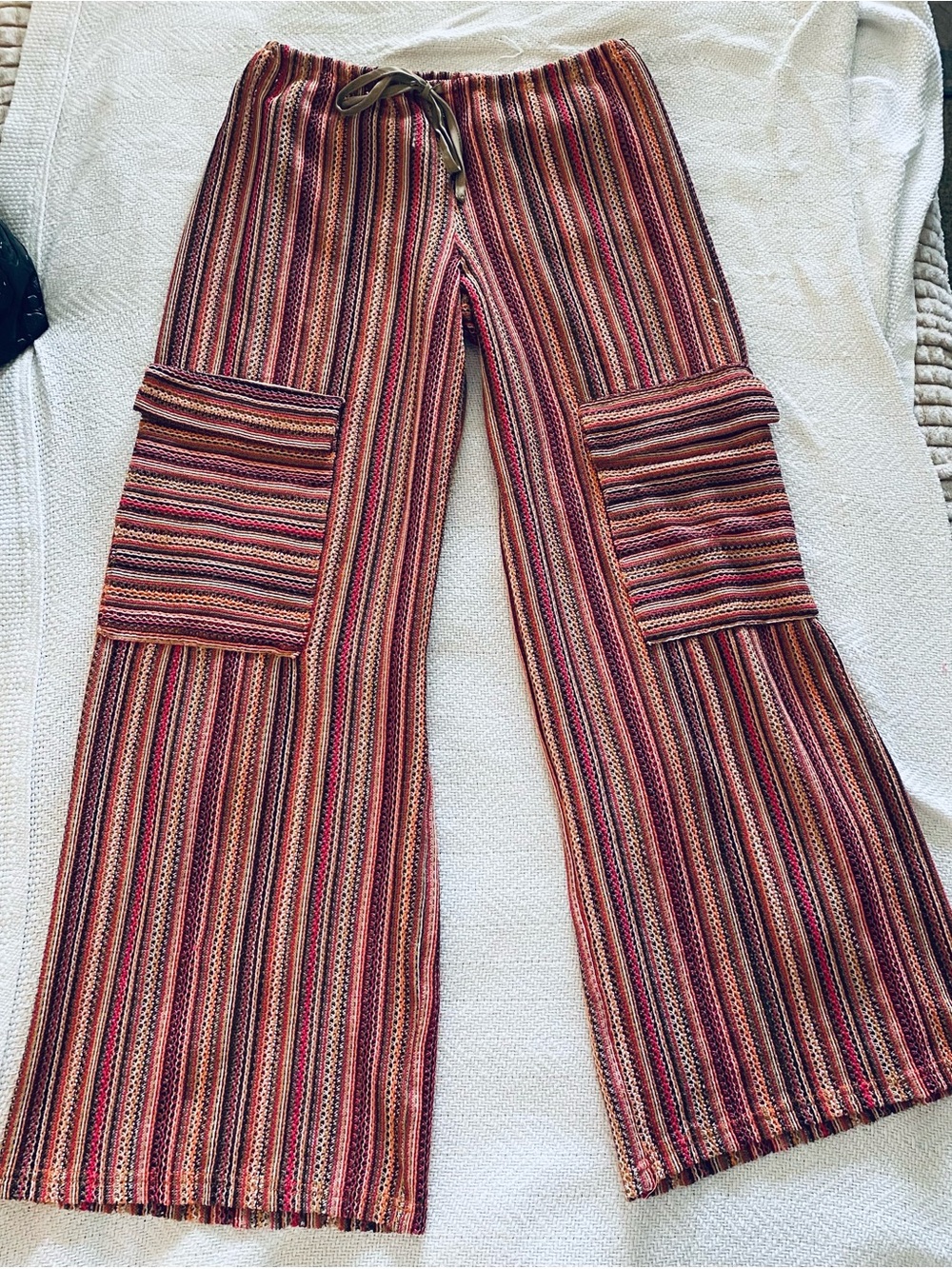 Striped Wide-Leg Knit Cargo Pants in Red and Brown